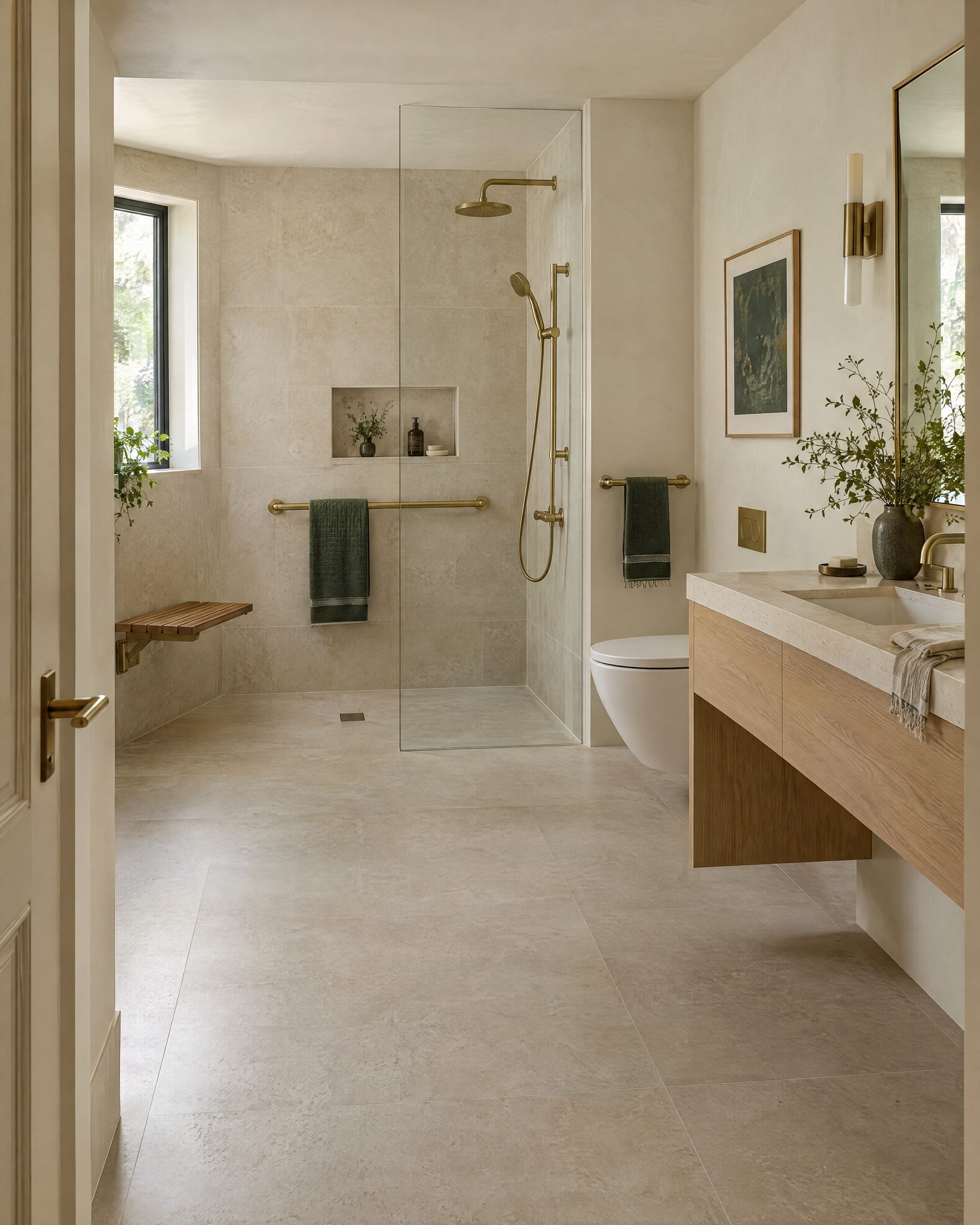 Accessible bathroom: a curbless roll-in shower with a fold-down teak bench, brass grab bars, a handshower on a slide bar and a floating vanity with knee space
