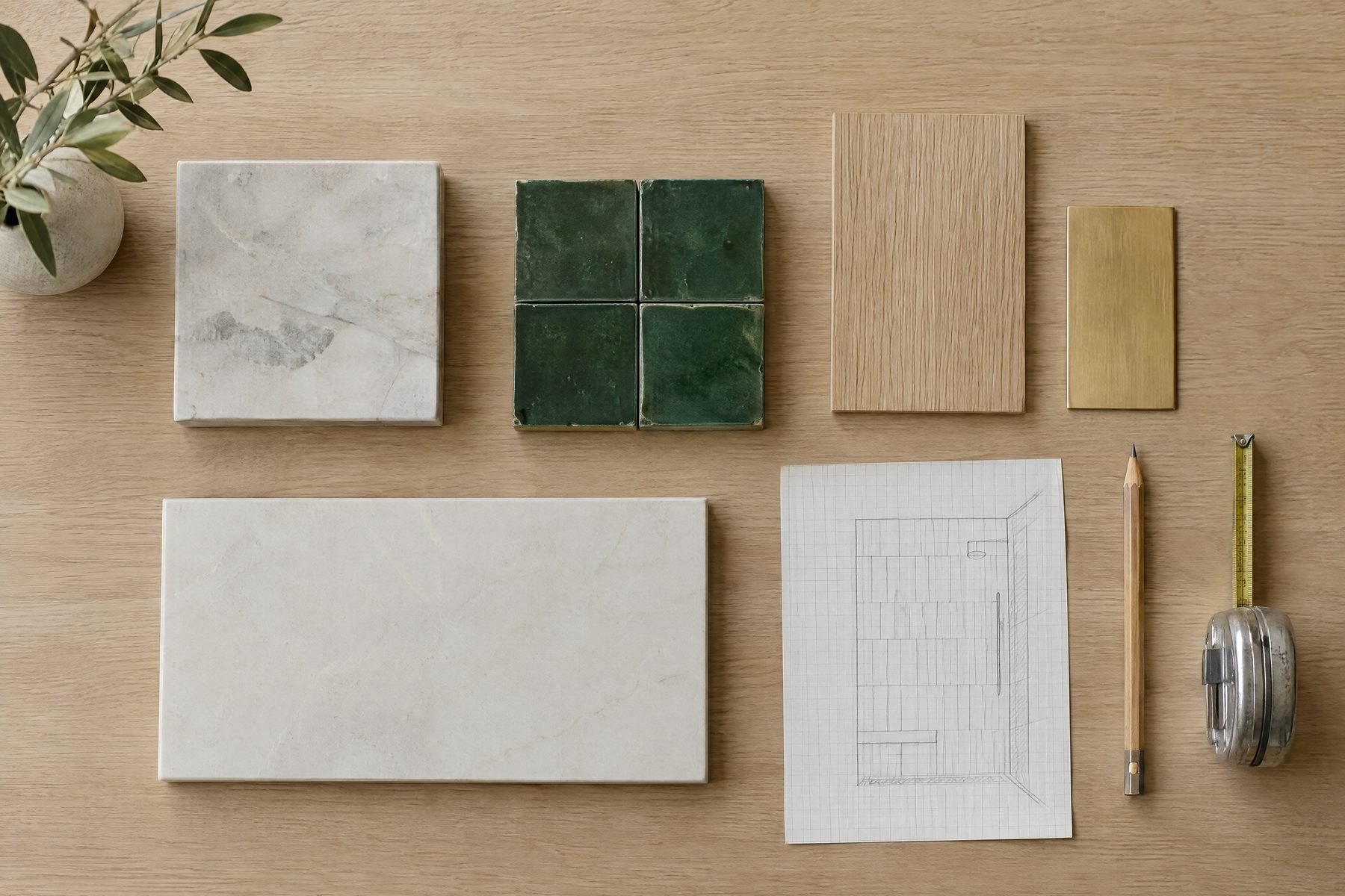 Material samples on an oak table: honed marble, green zellige tile, a white oak veneer, a brass finish swatch and a pencil tile layout