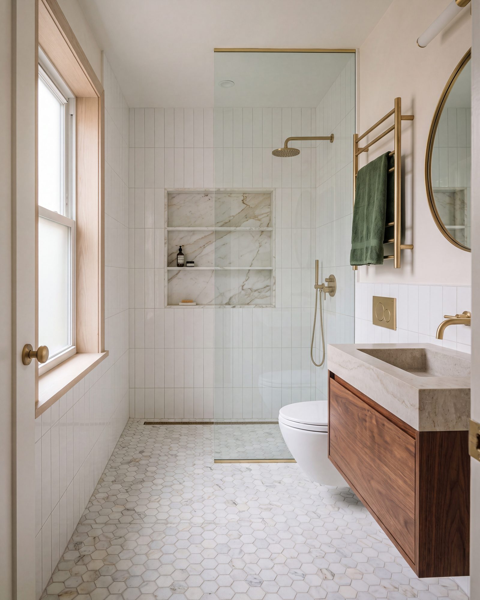 Small apartment bathroom: a curbless shower behind a fixed glass panel, a marble-lined niche, a wall-hung toilet, a walnut vanity with a stone sink and a brass towel warmer