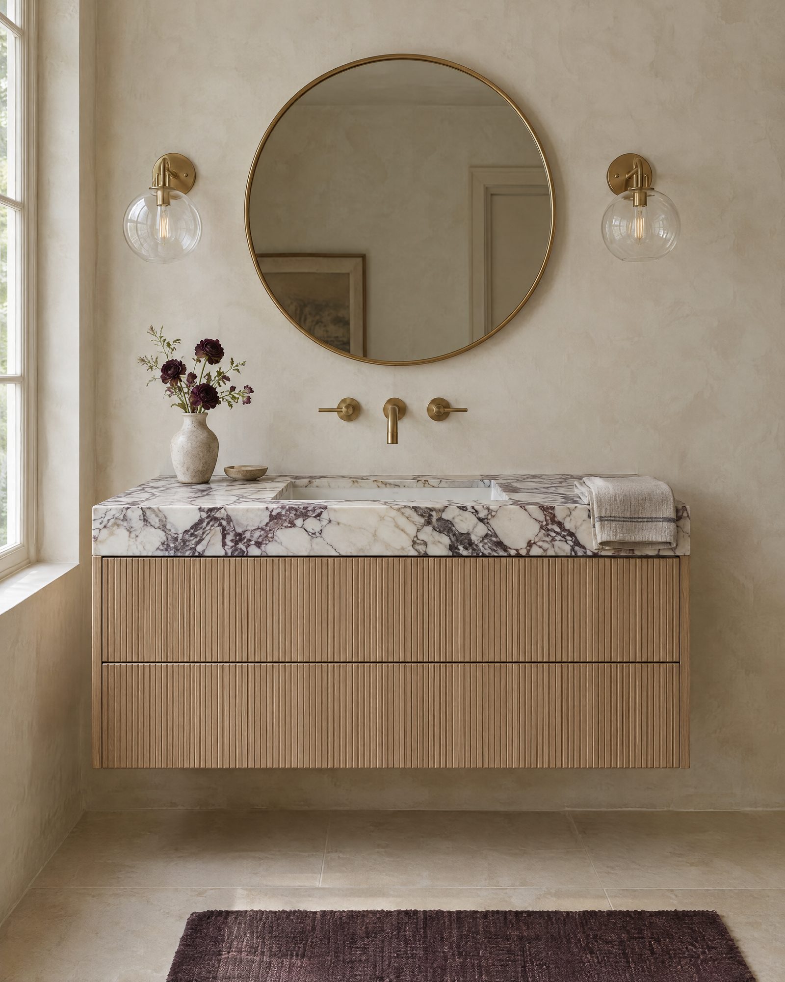 Floating fluted white oak vanity with a mitered Calacatta Viola marble top and integrated sink, a brass wall faucet, a round mirror and globe sconces