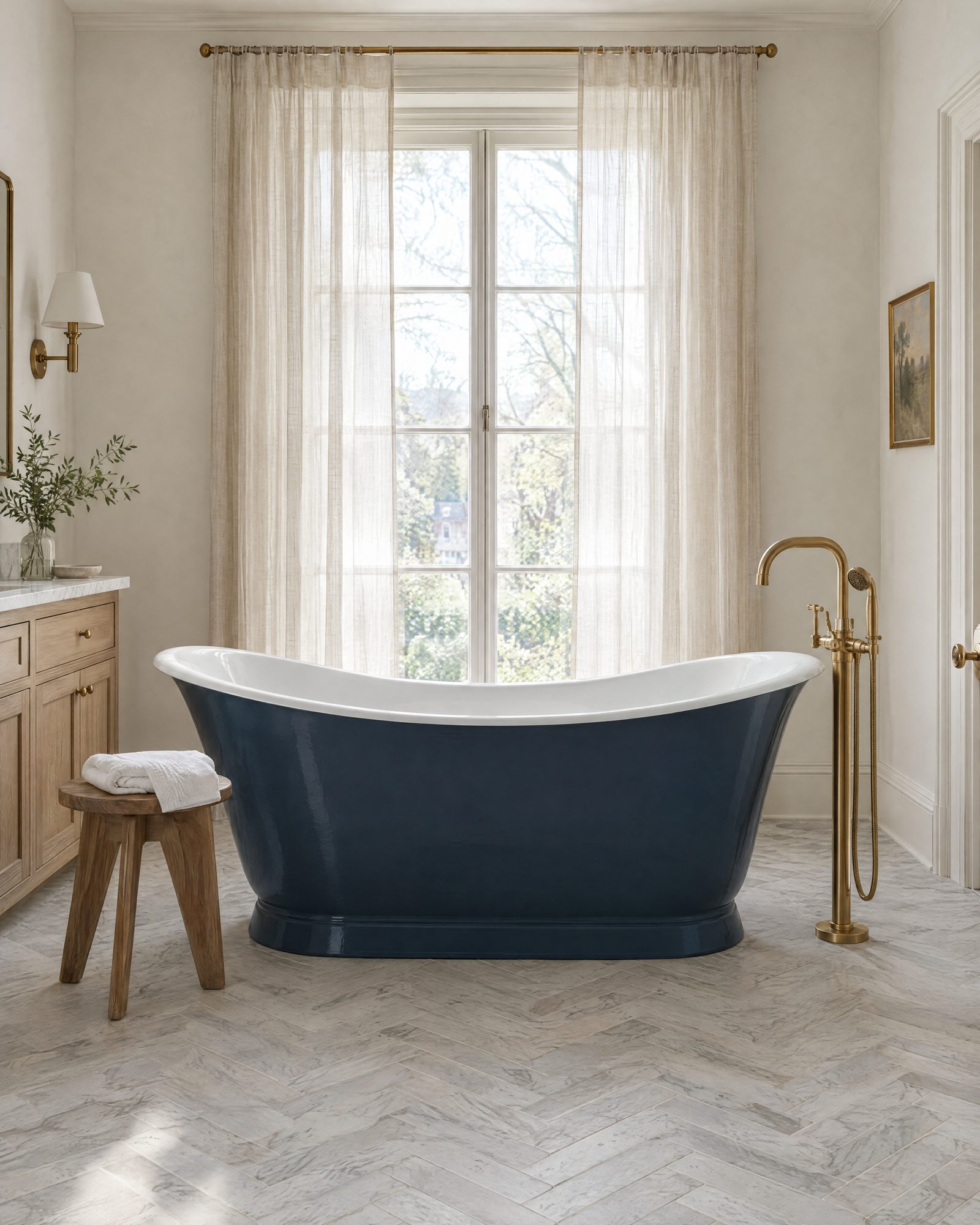 Freestanding cast-iron slipper tub painted slate blue on a herringbone marble floor, with a floor-mounted brass filler and a teak stool