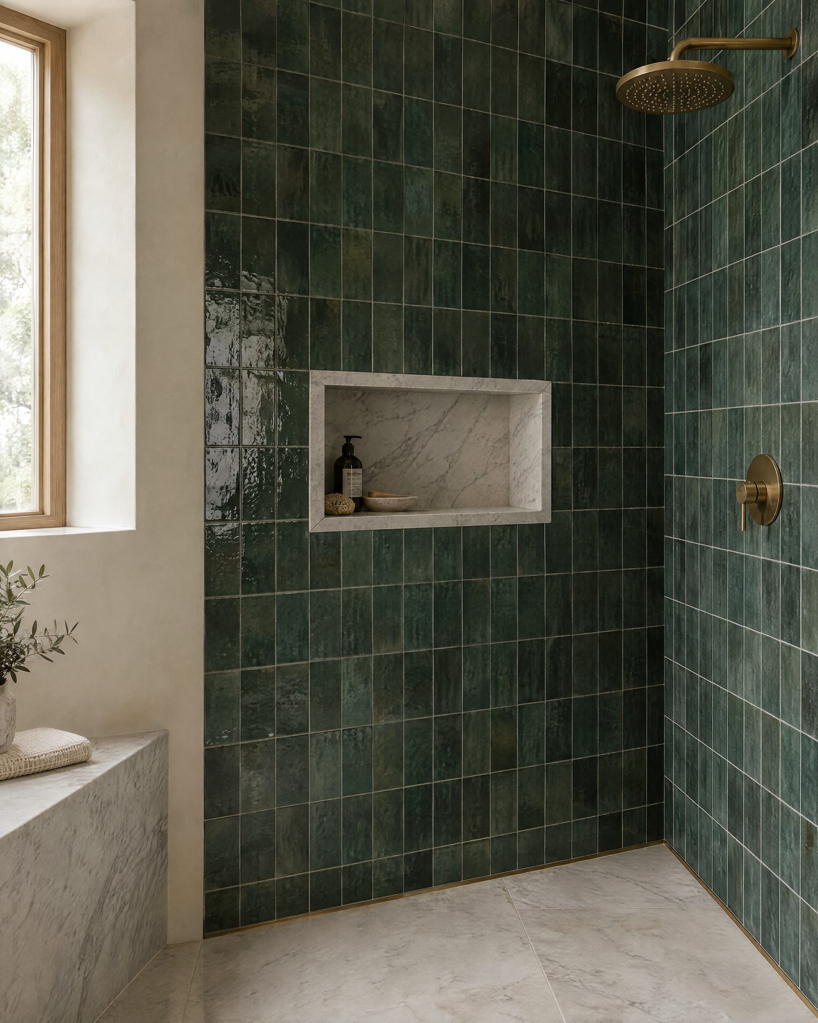 Shower walls in handmade green zellige tile with narrow grout lines, a recessed niche wrapped in honed marble and a marble floor