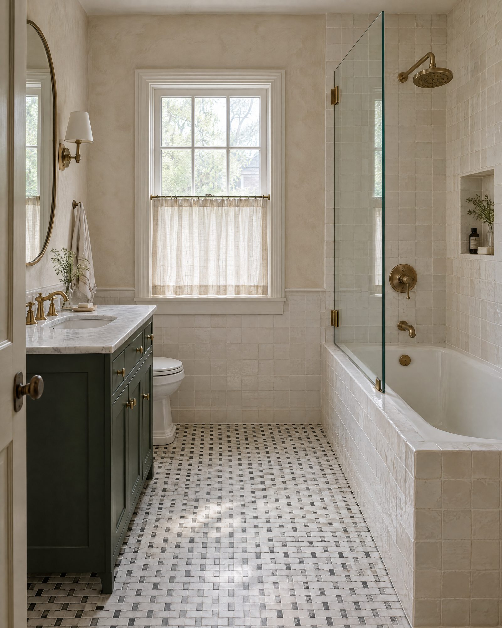 Rebuilt hall bathroom: a tiled cast-iron tub in white zellige with a glass panel and brass shower set, a deep green vanity with a marble top, basketweave marble floor