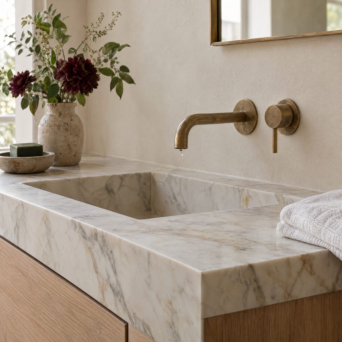 Close view of a honed marble vanity top with an integrated sink and an unlacquered brass wall faucet