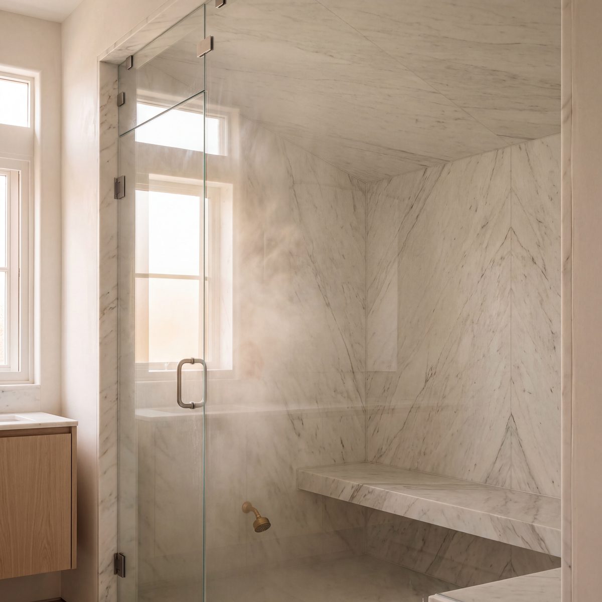Inside a marble steam shower: book-matched walls, a sloped ceiling, a marble bench and a brass steam head low on the wall