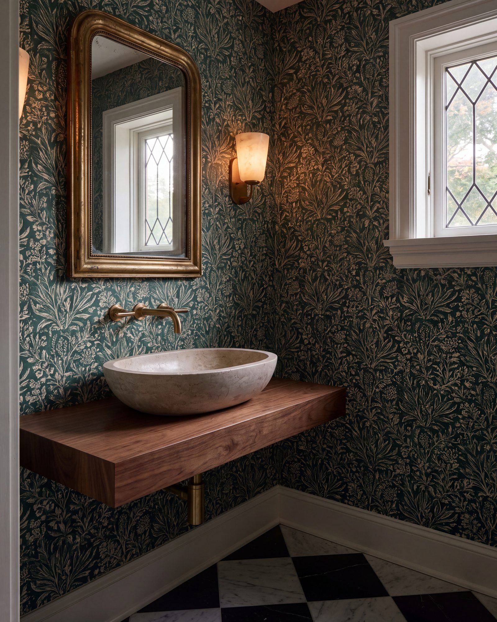 Powder room with deep green botanical wallpaper, a stone vessel sink on a walnut shelf, a brass wall faucet, an alabaster sconce and a leaded window