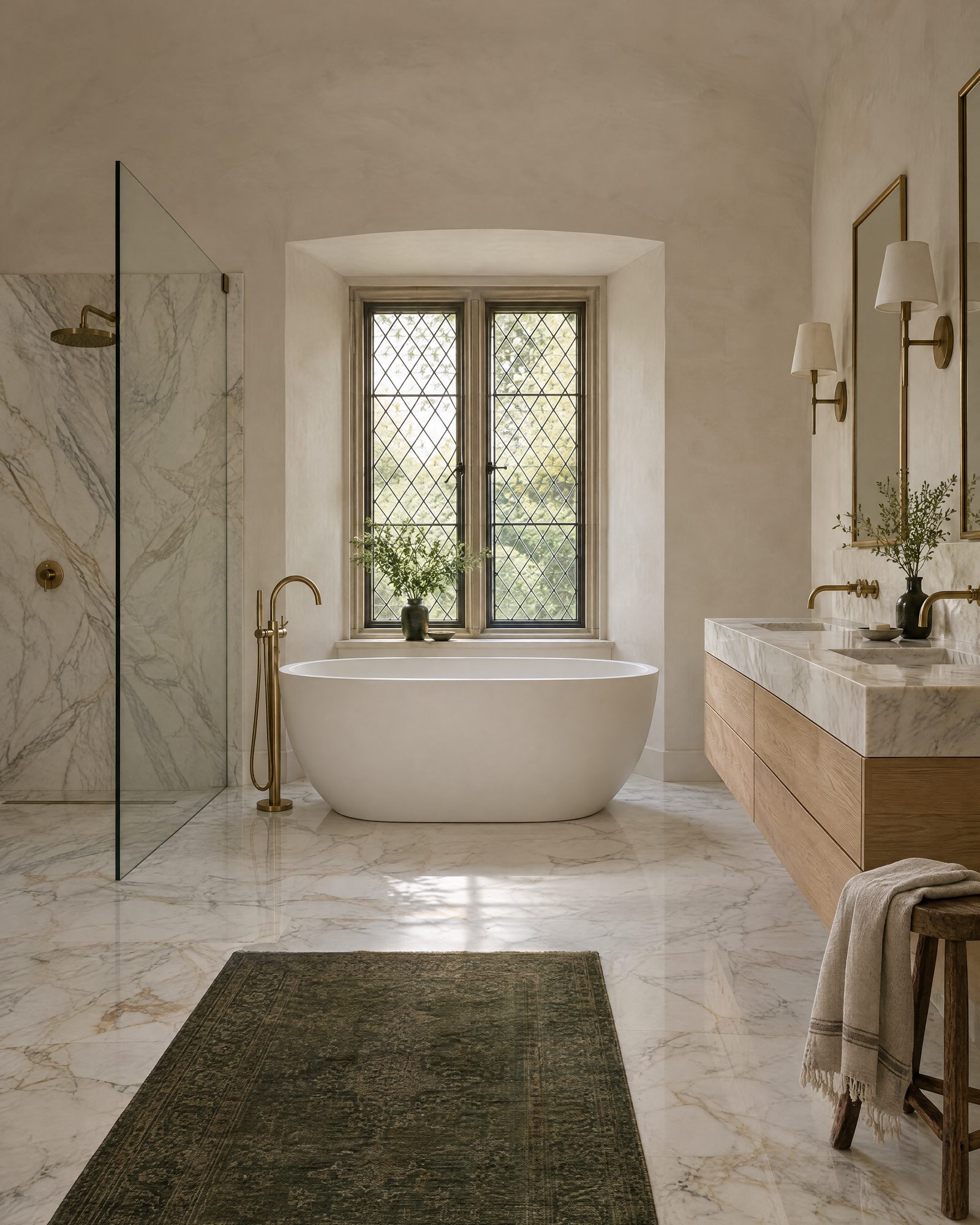 Marble primary bathroom with a soaking tub and floor-mounted brass filler beneath a leaded casement window, a frameless glass shower and an oak vanity