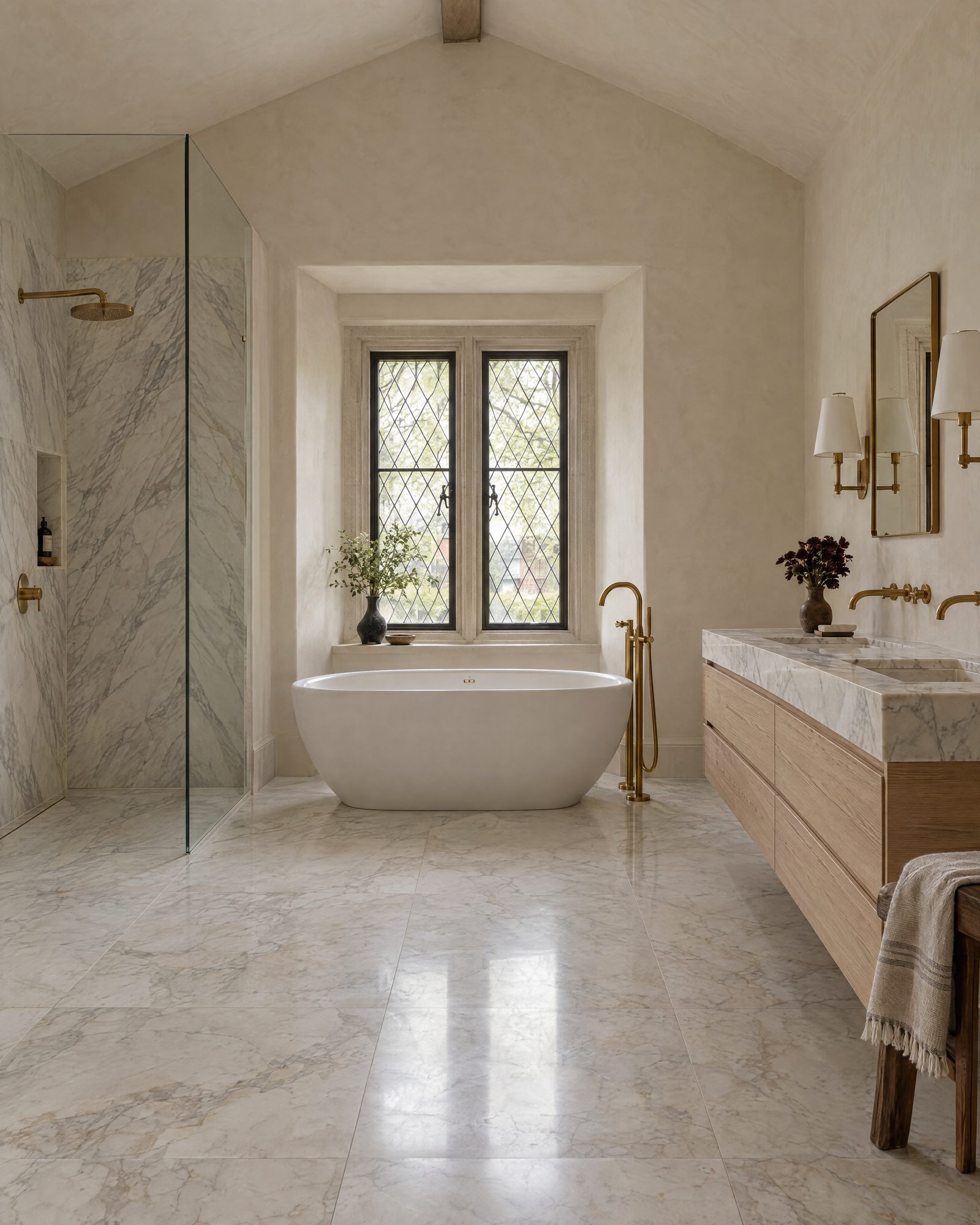 Primary bathroom in a 1920s Tudor house: a freestanding oval tub under a leaded casement window, honed marble floor and walls, a floating white oak double vanity with brass wall faucets