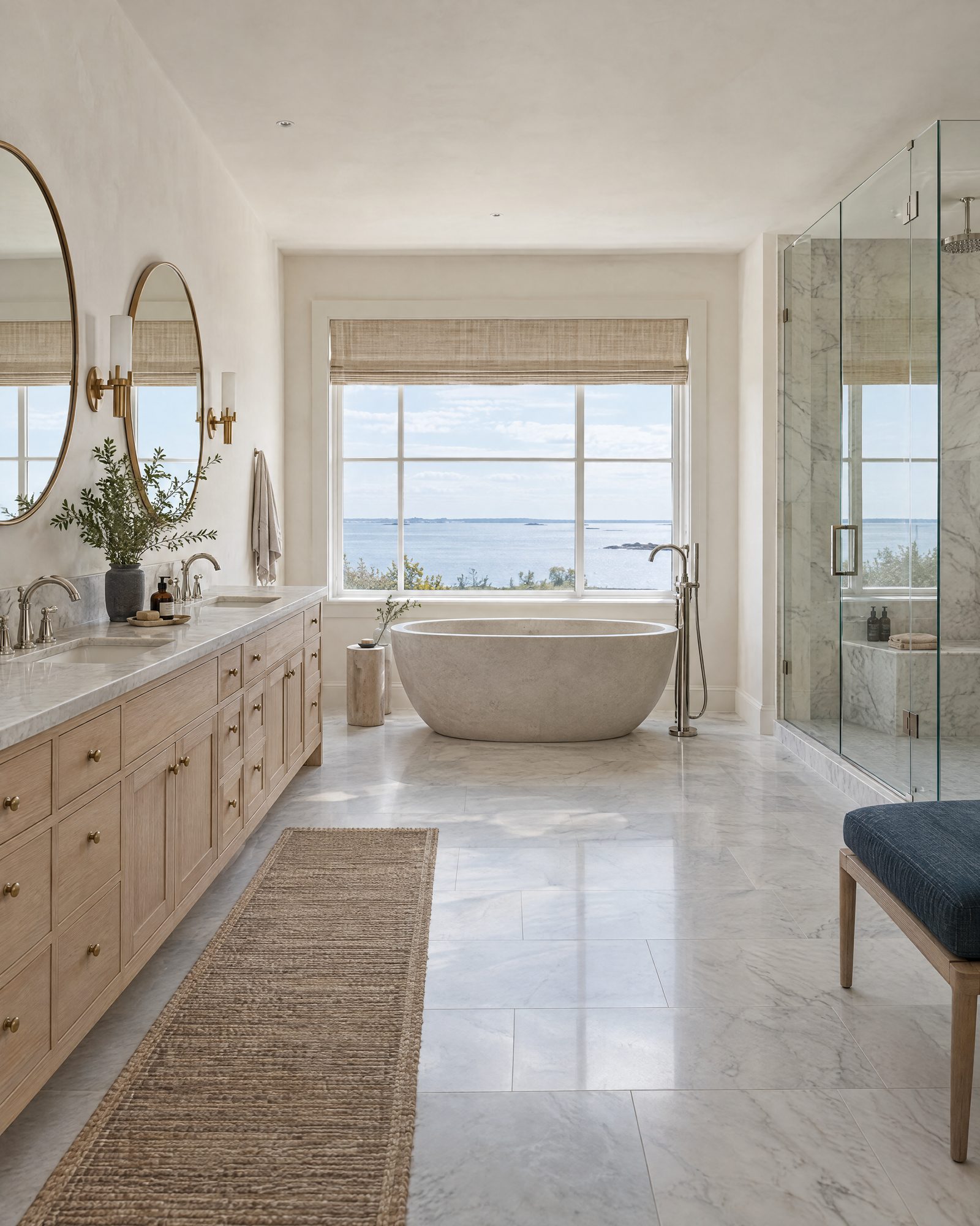 Primary bathroom suite: a long white oak double vanity under a quartzite top, a freestanding stone tub at a window facing the water, a glass-enclosed shower