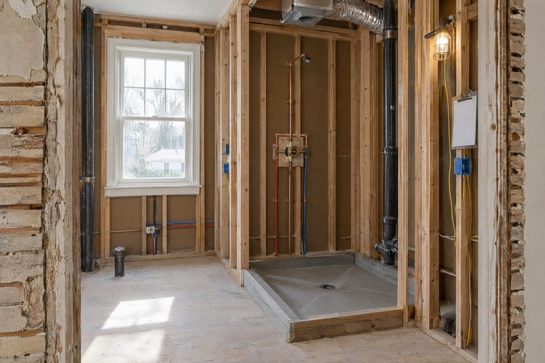 Bathroom opened to the studs at the rough-in stage: supply lines, a shower valve body, a drain and vent stack, a mortar pre-slope and electrical boxes before the walls close