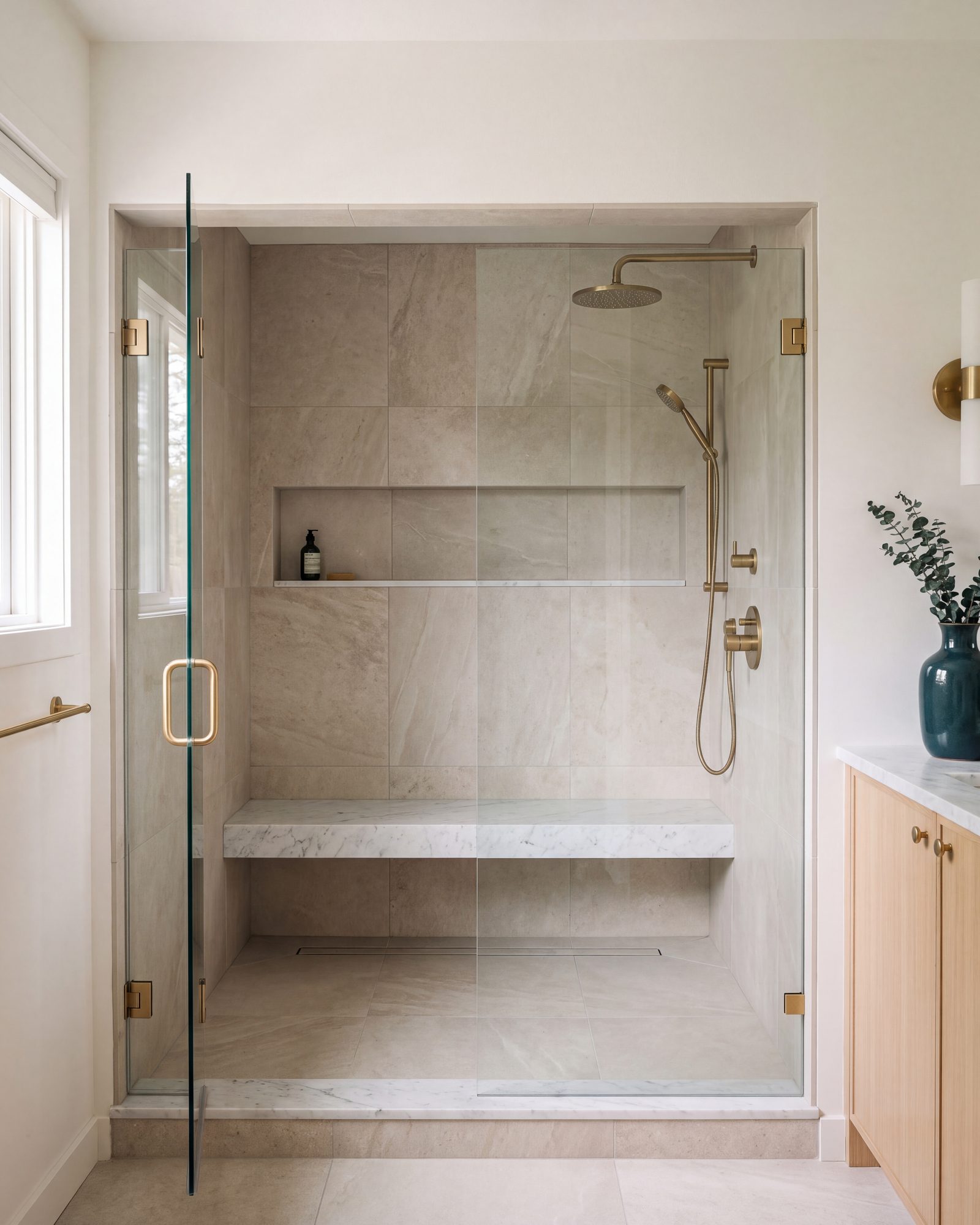 Former tub alcove rebuilt as a walk-in shower: a frameless glass door, a marble bench across the end wall, a long niche and a brass thermostatic shower set